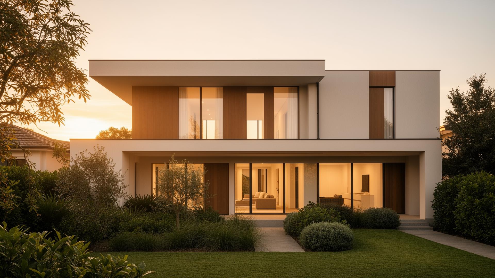 A modern home at golden hour, representing a real estate transaction in progress